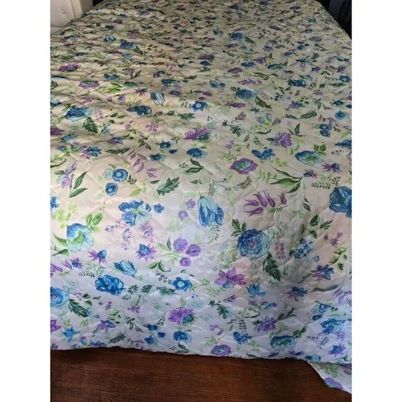 Vintage 70s Dahlia Flower Spring Blue Purple Cottagecore Bedspread Comforter Bla